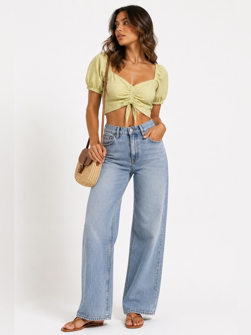 Zara Yellow Gingham Puff Sleeve Crop Top Women’s Medium Smocked Tie Front Blouse